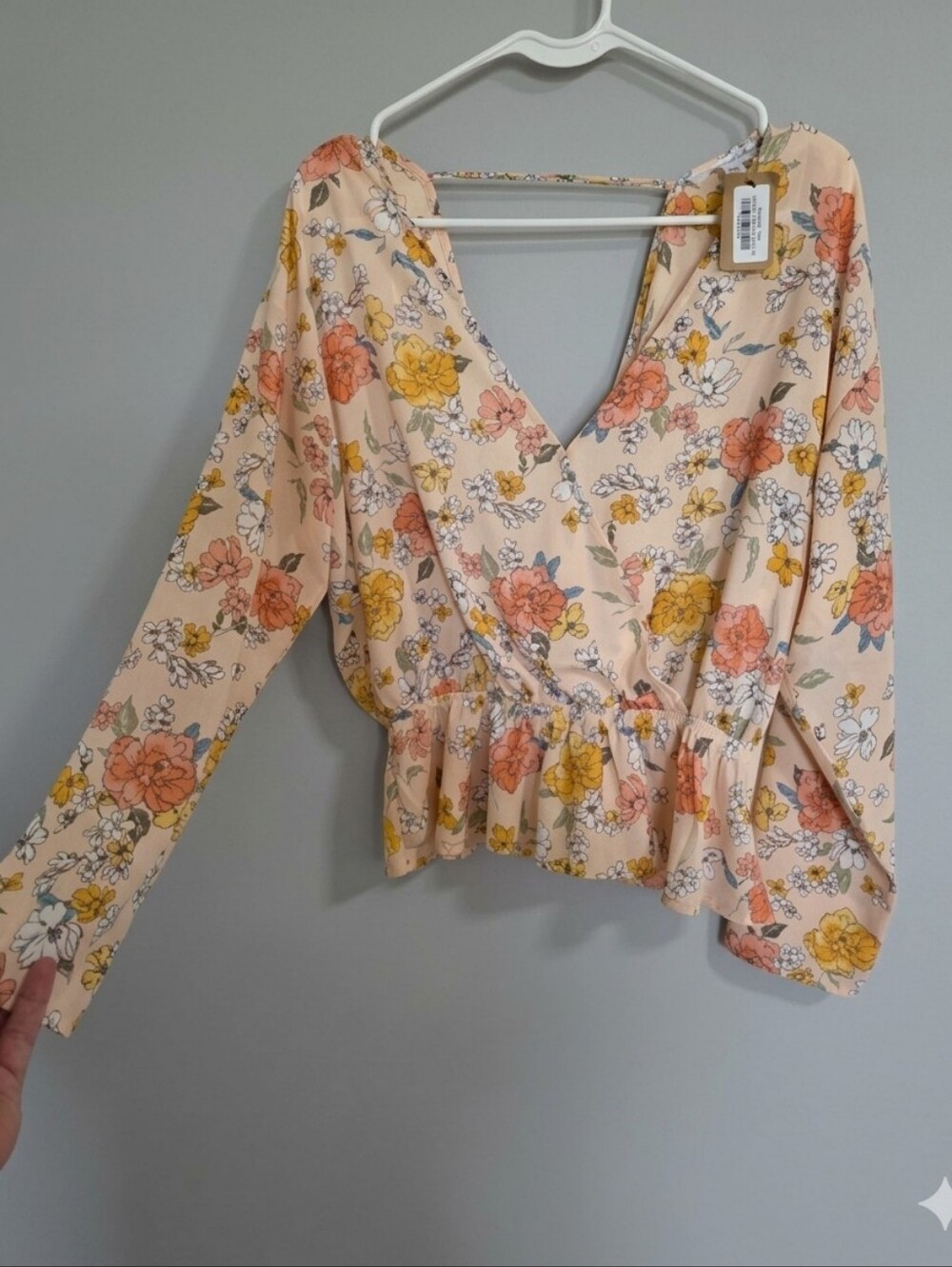 vestique Peach Floral Wrap Blouse with Yellow & Coral Accents